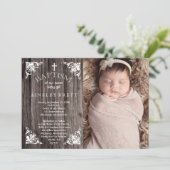 カントリ素朴ー・ウッド・ベビーガール写真バプテスマ 招待状 (スタンド正面)