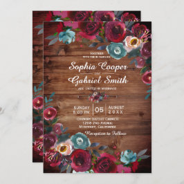 カントリ素朴ー・ブルゴーニュ・レッド・ネイビーフローラ結婚ズ 招待状