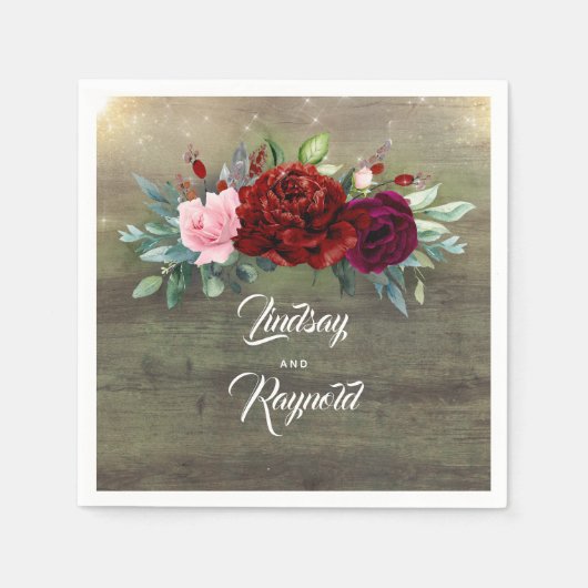 カントリ素朴ー・ブルゴーニュ・レッド・フローラ結婚ズ スタンダードカクテルナプキン (正面)