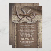 カントリ素朴ー・ホースシューズとバーラップ・レース結婚ズ 招待状 (正面/裏面)