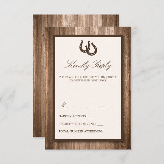 カントリ素朴ー・ホースシュー&ブラウン・ウッド結婚ズ 出欠カード (正面/裏面)