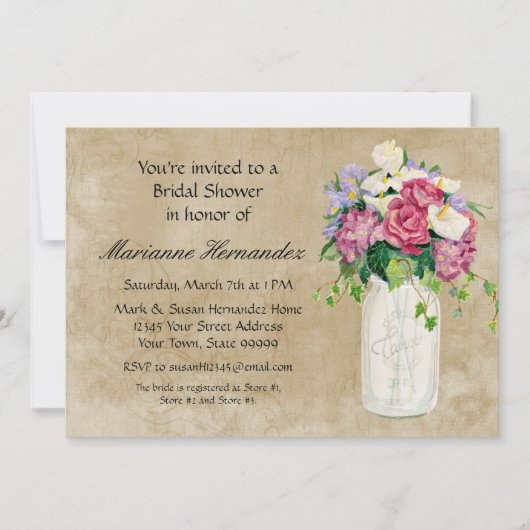 カントリ素朴ー・メイソンの瓶ブーケ・クラックル・スワーズ 招待状 (正面)