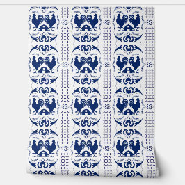 カントリ素朴ー・ロスターと納屋の模様の青い白 壁紙