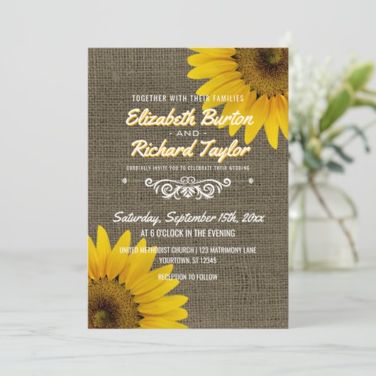 カントリ素朴ーBurlapひまわりフローラ結婚ズ 招待状 (スタンド正面)