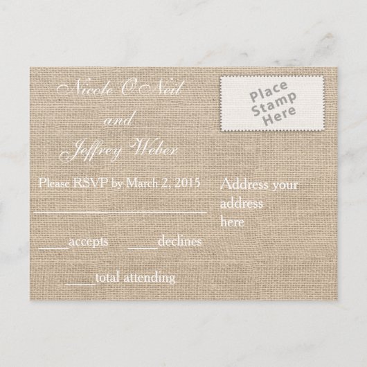 カントリ素朴ーBurlapツインウェディングRSVPカード インビテーションポストカード (裏面)