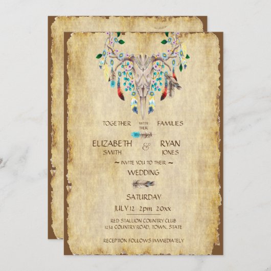 カントリ素朴、鹿スカル、羽結婚、 招待状 (正面/裏面)