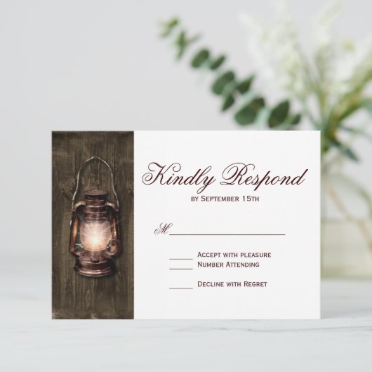 カント素朴リーランタンバーンウッド結婚式出欠届けカード 出欠カード (スタンド正面)