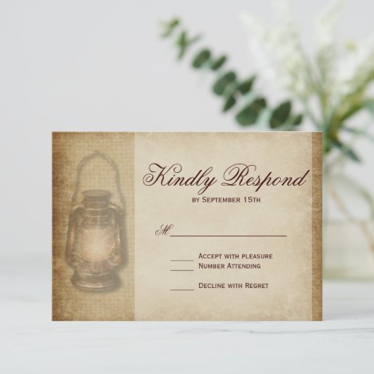 カント素朴リーランタンビンテージ結婚の出欠届けカード 出欠カード (スタンド正面)