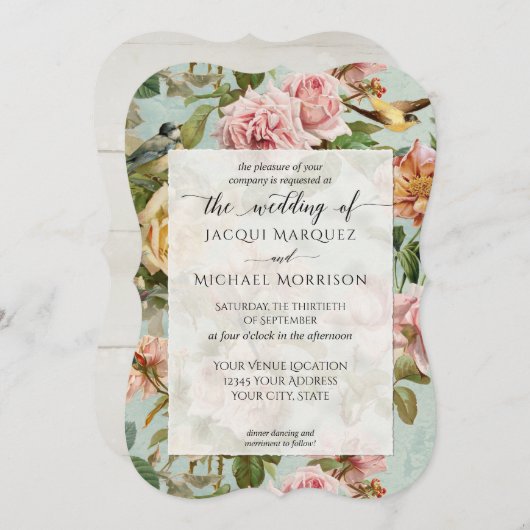 カント素朴リー・シック・ピンク・ローズ・フラワー・バ結婚ードズ 招待状 (正面/裏面)