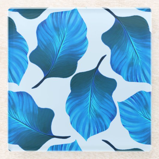 カンナトロピカナ葉ナ熱帯ブルー ガラスコースター (正面)