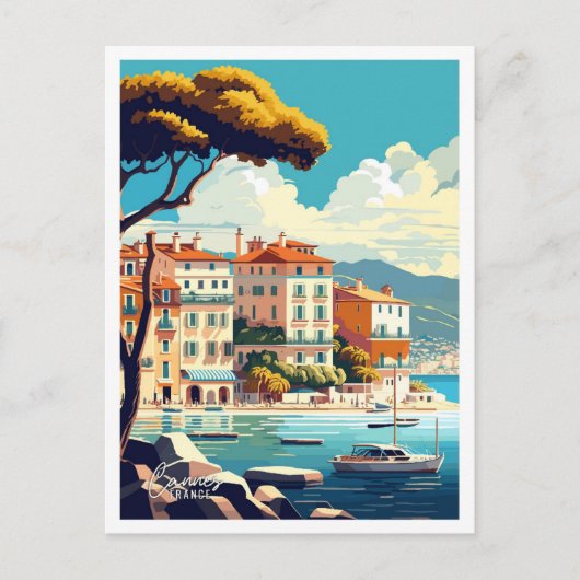 カンヌフランスアートヴィンテージトラベルイラストレーション ポストカード (正面)