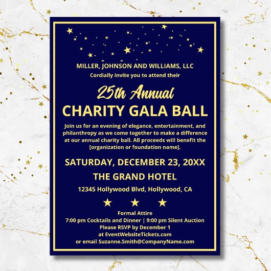 カンパニーチャリティガラボールブルーエレガント金ゴールドカスタム 招待状