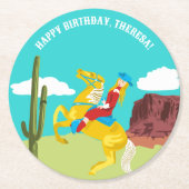 カンピーウェスタン女性のカーボーイオンホースカスタム誕生日 ラウンドペーパーコースター (正面)