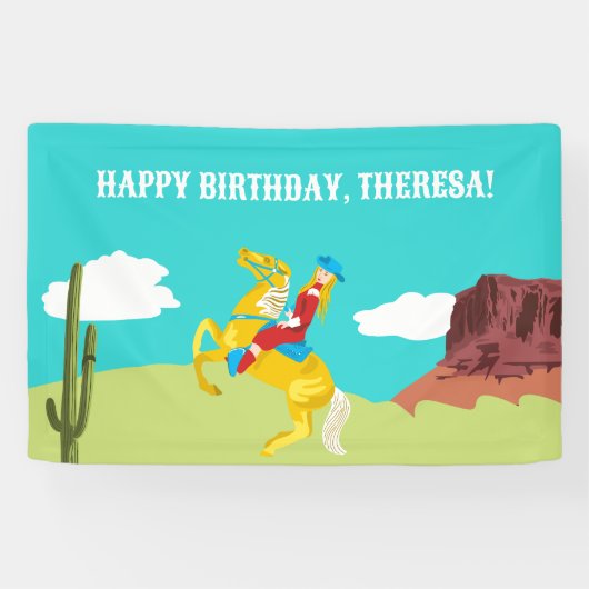 カンピーウェスタン女性のカーボーイオンホースカスタム誕生日 横断幕 (横)