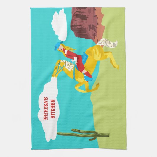 カンピーウェスタン女性のカーボーイオンホースパーソナライズされた キッチンタオル (縦)