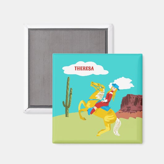 カンピーウェスタン女性のカーボーイオンホースパーソナライズされた マグネット (正面/裏面)