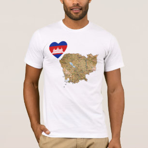 カンボジアの国旗ハートと地図Tシャツ Tシャツ