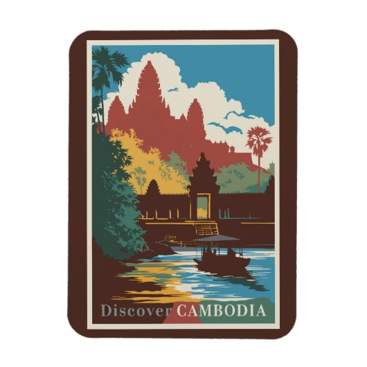 カンボジアテンプルイラストレーショントラベルアートヴィンテージ マグネット (縦)