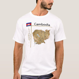 カンボジア地図+旗+タイトルTシャツ Tシャツ
