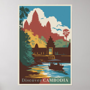 カンボジア寺院イラスト旅行アートヴィンテージ ポスター