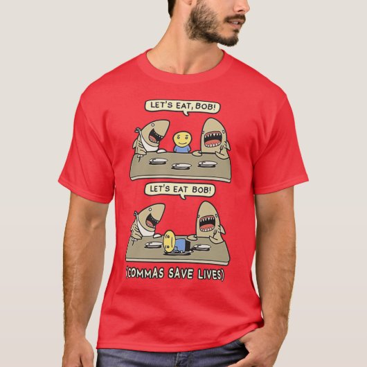 カンマ句読点サメ 英語を食べよう 面白い英文法 Tシャツ (正面)