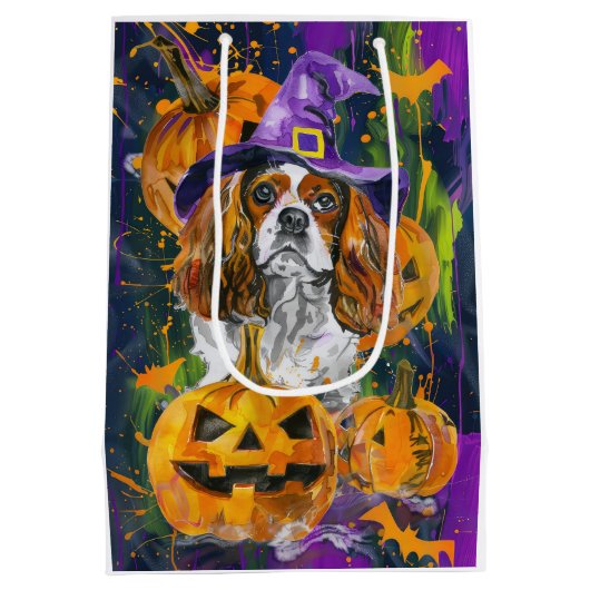 カヴァリアキングドッグハロウィーン魔女とカボチャ ミディアムペーパーバッグ (裏面)