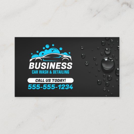 カーウォッシュ モバイル ディテーリング 水滴 ブラック ブルー 名刺 (正面)