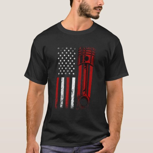 カーエンジンピストングラフィックDesi付きアメリカ国旗 Tシャツ (正面)