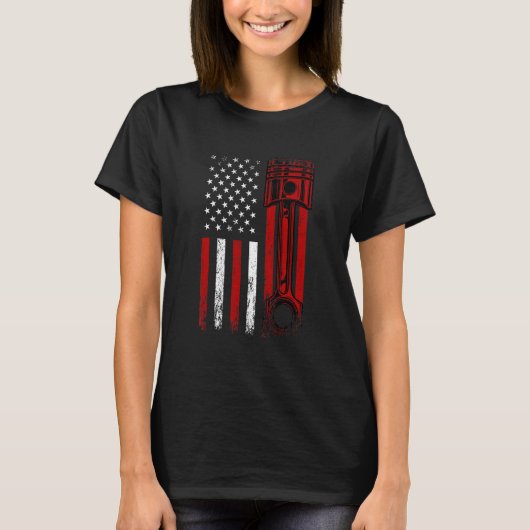 カーエンジンピストンノベルティグラフ付きアメリカ国旗 Tシャツ (正面)