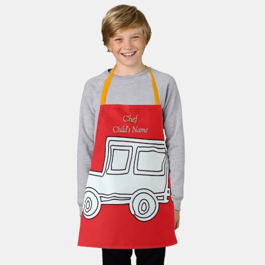 カーキおもしろいッズのパーソナライズ赤いクラフト エプロン (着用した状態)