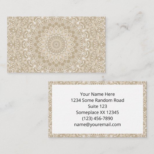 カーキと白の装飾的マンダラパターン 名刺 (正面/裏面)