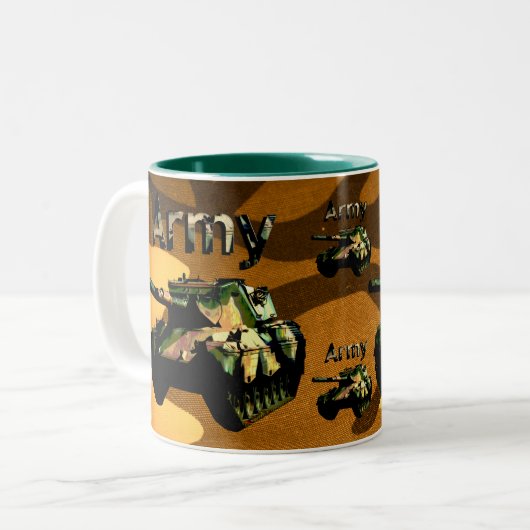 カーキのテクスチャード陸軍戦車絵を描油、 ツートーンマグカップ (正面左)