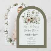 カーキオリーブグリーンの水彩花柄のブライズシャワー 招待状 (正面/裏面)