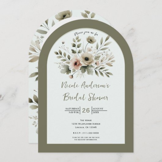 カーキオリーブグリーンウォーターカラーフローラブライダルシャワー 招待状 (正面/裏面)