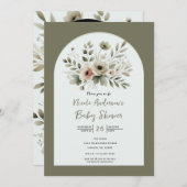 カーキオリーブグリーンウォーターカラーフローラベビーシャワー 招待状 (正面/裏面)