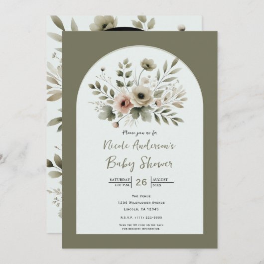 カーキオリーブグリーンウォーターカラーフローラベビーシャワー 招待状 (正面/裏面)