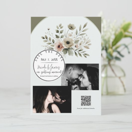 カーキオリーブグリーンウォーターフローラ保存日付 招待状 (スタンド正面)