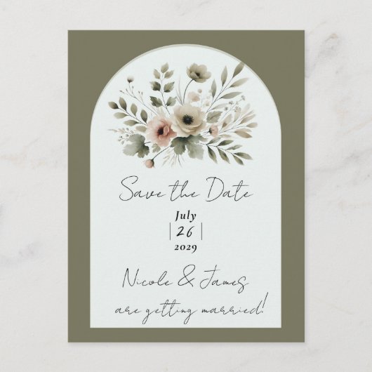 カーキオリーブグリーンウォーターフローラ救日付 案内ポストカード (正面)