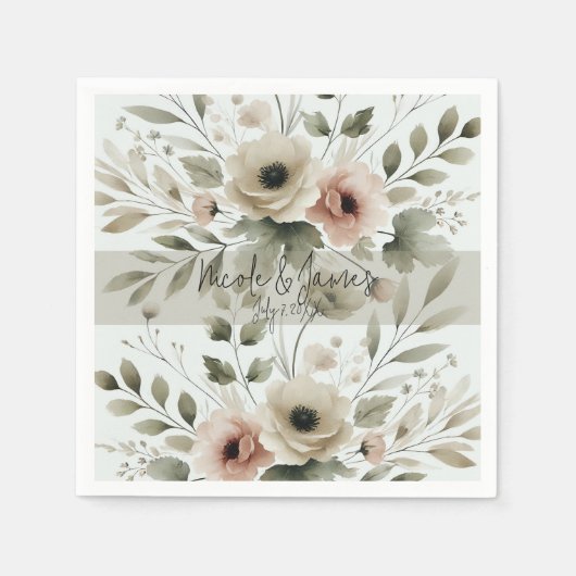 カーキオリーブグリーンウォーターフローラ結婚ズ スタンダードカクテルナプキン (正面)