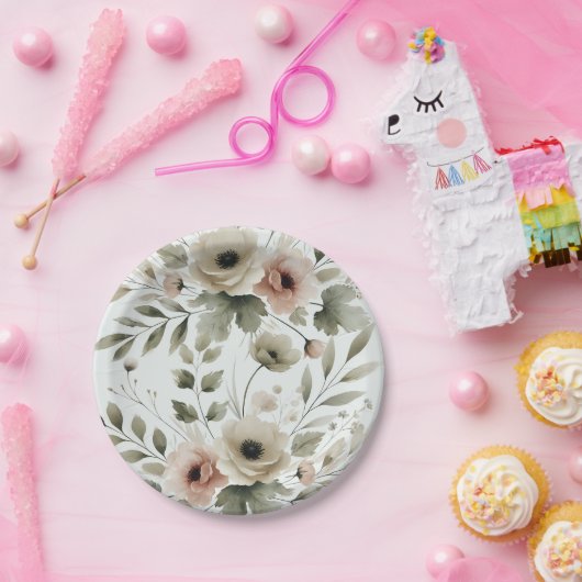 カーキオリーブグリーンウォーターフローラ結婚ズ ペーパープレート (パーティー)