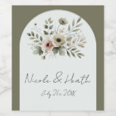 カーキオリーブグリーンウォーターフローラ結婚ズ ワインラベル (シングルラベル)