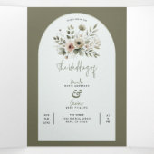 カーキオリーブグリーンウォーターフローラ結婚ズ 三つ折り招待状 (内部中)