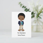 カーキカッコいいブラックボーイファーストホーリーコミュニオン招待状 ポストカード (スタンド正面)