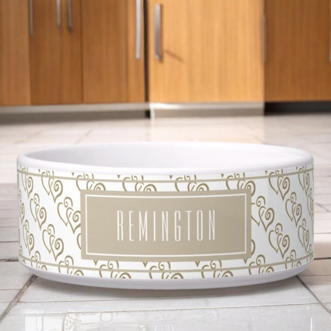 カーキリンクハートパターンオンパープルカスタム ボウル (custom pet bowl front with khaki linked heart pattern)