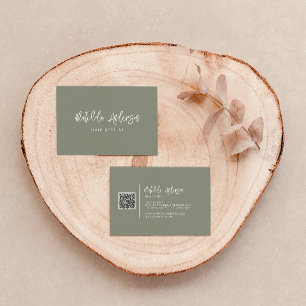 カーキ緑のモダンスクリプミニマルトQRコード 名刺