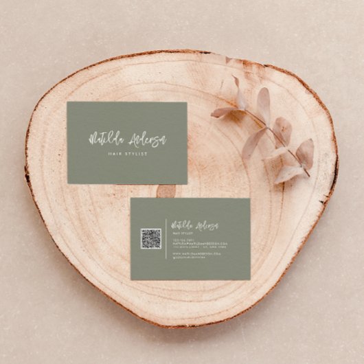 カーキ緑のモダンスクリプミニマルトQRコード 名刺