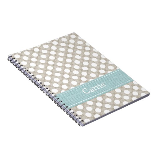 カーキ色および青い水玉模様の螺線形ノートジャーナル ノートブック (右側)