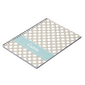 カーキ色および青い水玉模様の螺線形ノートジャーナル ノートブック (左側)