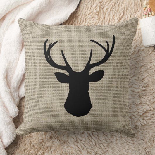 カーキ色のリネン一見のシカのシルエットの枕 クッション (ブランケット)