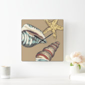 カーキ色の貝のトリオ スクエア壁時計 (ホーム)